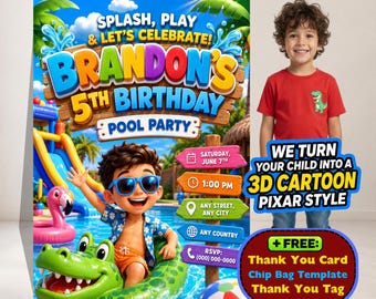 Pool Party Birthday Invitation for Boys, Personalized Printable Digital Invite with Free Party Extras