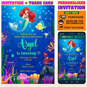 50 % de réduction ! - Invitation anniversaire petite sirène personnalisée, invitation anniversaire sirène Ariel, invitation princesse Ariel, carte de remerciement gratuite !