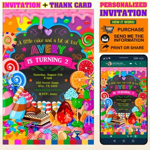 50% korting - Candyland GEPERSONALISEERDE uitnodigingsfeestje verjaardag, Candy party girls verjaardagsuitnodiging krijtbord - Gratis bedankkaartje!