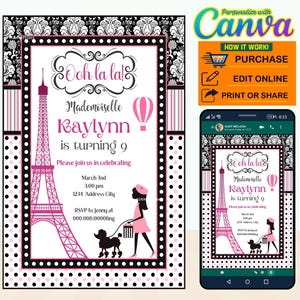 50% Off, Paris party digital birthday Chalk invitation EDITABLE in CANVA, Paris party invite Canva, instant download, design New 2023