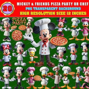 20 clipart Mickey and friends PIZZA Party or Chef Clipart Bundle, Png Transparent, instant download, Sublimation, Stickers, Commercial use!