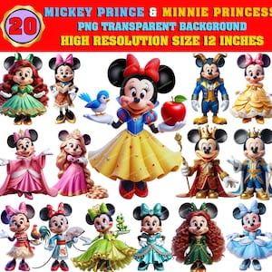 20 clipart Mickey PRINCE e Minnie PRINCESAS Party Clipart Bundle, PNG transparente, download instantâneo, sublimação, adesivos, uso comercial!