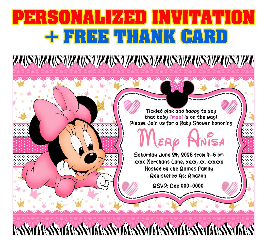 60% reduziert! - Zebra Minnie Mouse Baby PERSONALISIERTE Einladung DIY druckbare  Babypartyeinladungen Digitale Datei- Gratis Dankeskarte! - Etsy Österreich, image size:1080x1011