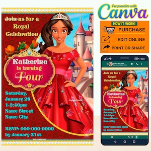 ¡60% de descuento! - Invitación de cumpleaños digital de Elena de Ávalor EDITABLE en CANVA, Elena de Ávalor fiesta Canva, descarga instantánea, Nuevo 2023