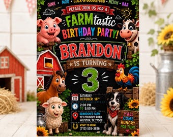 Invitación de cumpleaños con temática de granja, invitación personalizada imprimible con pizarra para fiesta campestre.