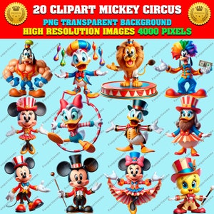 20 Lindo paquete de imágenes prediseñadas para fiesta de MICKEY y sus amigos CIRCUS, Png transparente, alta resolución, descarga instantánea, sublimación, pegatinas, uso comercial.
