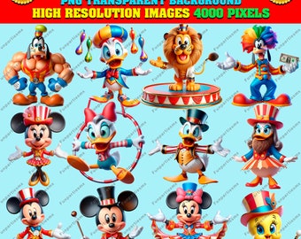 May include: 20 clipart images of Mickey Mouse and friends dressed as circus performers. The characters are in various poses, including juggling, balancing, and performing acrobatics. The images are set against a transparent background.