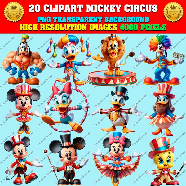 Lot de 20 cliparts mignons MICKEY et ses amis CIRQUE, Png transparent, haute résolution, téléchargement immédiat, sublimation, autocollants, usage commercial !