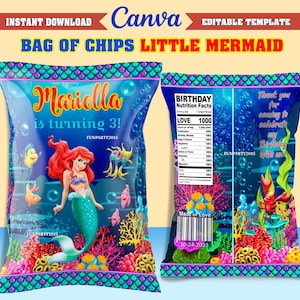 50% Rabatt! - Kleine Meerjungfrau CHIPS BAG, druckbare und bearbeitbare Vorlage auf CANVA, sofortiger Download, Design New 2023