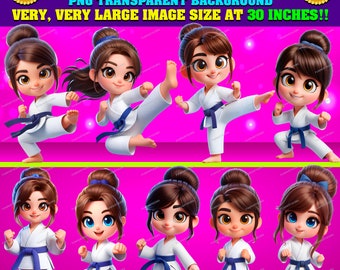 9 Cute brown Karate girls with blue ribbon Clipart Bundle, Png Transparent, Hi-Res, instant download, Sublimation, Stickers, Commercial use!