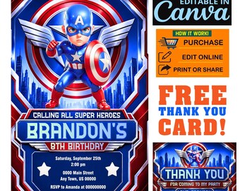 American Soldier Hero Comic Birthday Invitation, Editable Canva, Printable 5x7, Free Thank You Card