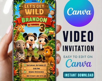 MICKEY SAFARI Video Invitation, Editable in CANVA Birthday Invite, Animated Digital Party Invitation