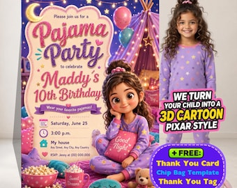 Personalized Pajama Party Invitation, 3D Cartoon Photo, Birthday Girl Sleepover (Digital Download)