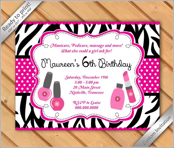 50% off - Spa Party Invitations zebra for Girls Makeover or Manicure, Pedicure Birthday Party - Printable, Digital File You Print Il_570xn