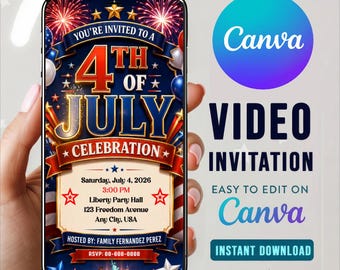 以下が含まれることがあります： スマートフォン画面に表示された7月4日の祝賀パーティーのデジタル招待状。赤、白、青の色使いで、花火、星、そして「You're Invited To A 4th Of July Celebration」「Saturday, July 4, 2026, 3:00 PM」というテキストがデザインされています。