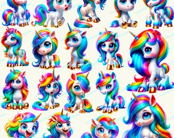 16 cute RAINBOW UNICORNS in different poses Clipart, Png transparent background, Hi-Res, instant download, Sublimation, t-shirts, stickers.