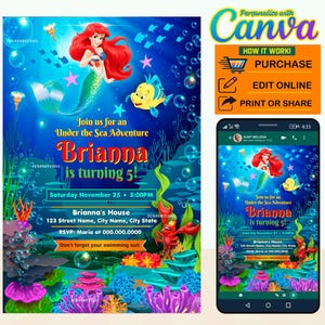 50 % de réduction / Invitation d'anniversaire numérique pour la fête de la petite sirène MODIFIABLE sur CANVA, invitation de fête Ariel Princess sur toile, téléchargement immédiat, nouveau 2023