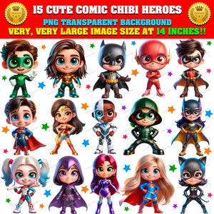 15 Cute SUPER HEROES Comic CHIBI Clipart Bundle, Png Transparent, Hi-Res, instant download, Sublimation, Stickers, Commercial use! No.2