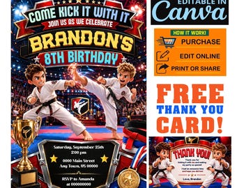 Karate  or Taekwondo Boys Birthday Invitation, Editable Canva, Printable 5x7, Free Thank You Card