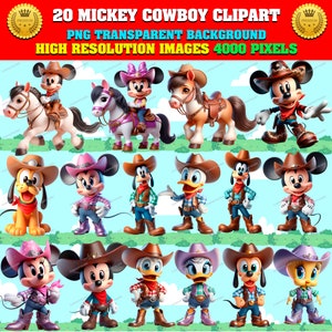 20 Bundle Clipart of MICKEY and his friends COWBOYS party, Png Transparent, Hi-Res, instant download, Sublimation, Stickers, Commercial use!