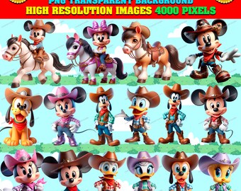 May include: 20 cartoon images of Mickey Mouse and friends dressed as cowboys. The characters are riding horses, holding lassoes, and wearing cowboy hats. The images are set against a blue sky background with white clouds.