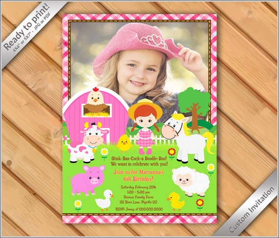 50% OFF SALE - Farm Barnyard Personalized Photo INVITATION for girl, Farm pink Birthday Invitation Digital File You Print #10 Il_570xn