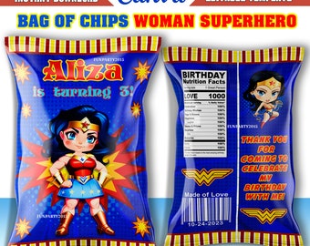 Linda bolsa de papas fritas de niña chibi de superhéroe, plantilla imprimible y editable en CANVA, descarga instantánea, diseño nuevo 2023