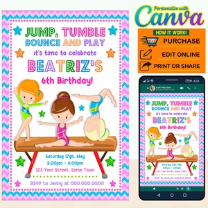 60% Off, Gymnast Girl party digital birthday invitation EDITABLE in CANVA, Gymnast Girl party invite Canva, instant download, New 2023