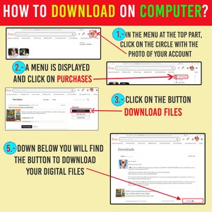 Może przedstawiać: Grafika instruktażowa zatytułowana HOW TO DOWNLOAD ON COMPUTER? przedstawiająca pięć ponumerowanych krok&oacute;w ze zrzutami ekranu strony Etsy. Kroki ilustrują kliknięcie zdjęcia profilowego, wyb&oacute;r Purchases, Download Files oraz przycisku pobierania.