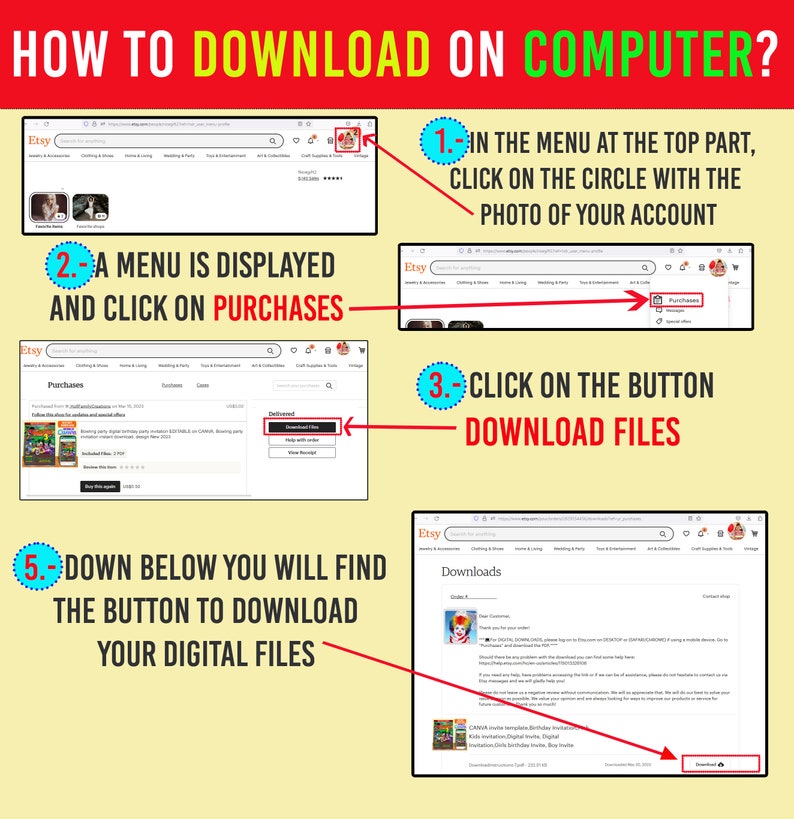 Może przedstawiać: Grafika instruktażowa zatytułowana HOW TO DOWNLOAD ON COMPUTER? przedstawiająca pięć ponumerowanych krok&oacute;w ze zrzutami ekranu strony Etsy. Kroki ilustrują kliknięcie zdjęcia profilowego, wyb&oacute;r Purchases, Download Files oraz przycisku pobierania.