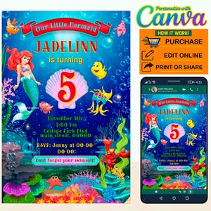 50% Off Little Mermaid party digital birthday invitation EDITABLE in CANVA, Ariel Princess party invite Canva, instant download, New 2023