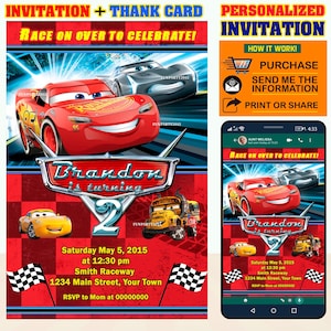 50% korting: GEPERSONALISEERDE Cars-verjaardagsuitnodiging, The Lightning MCQUEEN-verjaardagsuitnodiging op maat: gratis bedankkaartje!