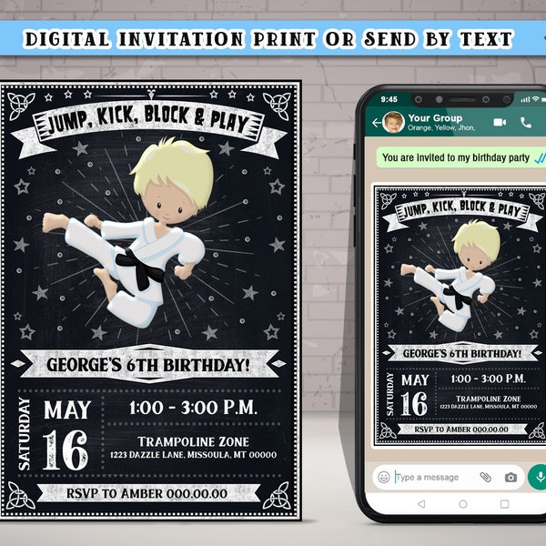 50% off! - Karate or Taekwondo chalkboard invitation for party, (PERSONALIZED), Thank you card Free!, Print them yourself!, New design 2022