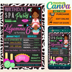 50% Off, Spa party digital birthday invitation Chalkboard EDITABLE in CANVA #2, Spa party afro american girl invite Canva, instant download