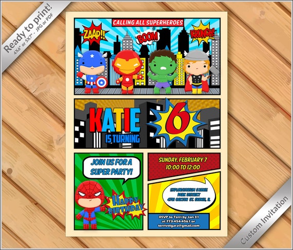 50% OFF SALE - Superheroes Birthday Invite, Comic Pages Party Invitation printable, comic superheroes Avengers invitation printable Il_570xn