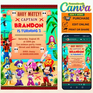 50% Rabatt - Mickey Pirate Party digitale Geburtstagseinladung EDITIERBAR in CANVA, Mickey Party Einladung Canva, sofortiger Download, Design New 2023