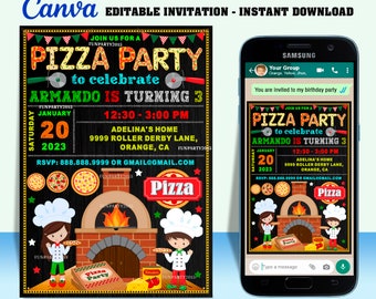 50% Off, Pizza party digital birthday Chalk invitation chalkboard EDITABLE in CANVA, Pizza party invite Canva, instant download, New 2023