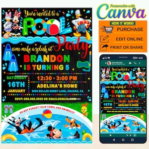 60% de descuento, invitación digital de cumpleaños para fiesta de Mickey en la piscina, pizarra editable en CANVA, invitación para fiesta de Mickey en la piscina, Canva, descarga instantánea