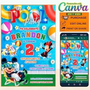 ¡50% rebajado! - Invitación de cumpleaños digital de Mickey Pool party EDITABLE en CANVA, invitación de fiesta de Mickey Pool Canva, descarga instantánea, diseño 2023