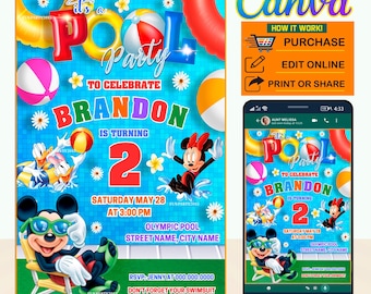 Mickey Pool Party Birthday Invitation – Editable Canva Template (Digital Download)