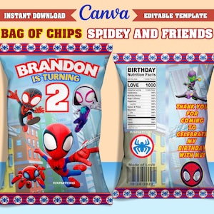 Sconto del 50%! - Sacchetto di patatine del supereroe dei fumetti di Spidey, modello stampabile e modificabile su CANVA, download immediato, design nuovo 2023