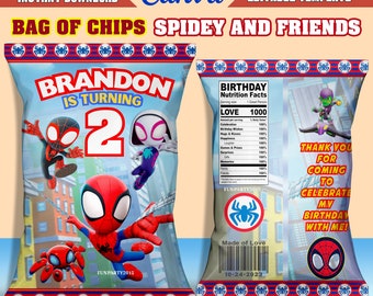 Plantilla de bolsa de papas fritas de Spidey y sus amigos - Fiesta de cumpleaños editable (CANVA, descarga digital)