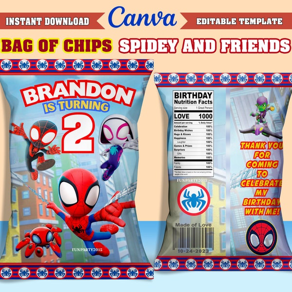 50% off! -  Spidey Comic Super Hero CHIPS BAG, Printable and Editable Template on CANVA, instant download, design New 2023