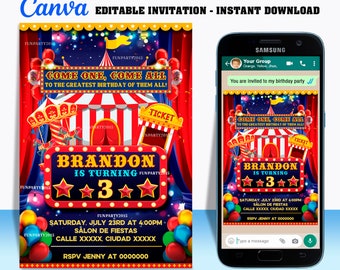 50% Off - Circus Carnival party digital invitation EDITABLE in CANVA, Circus Carnival invitation Canva, instant download, design New 2023