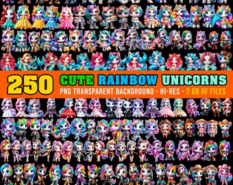 Mega BUNDLE 250 clip art Cute rainbow UNICORNS, PNG Transparent background, Hi-Res, instant download, Sublimation, Stickers, Commercial use!