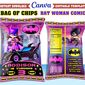 Bat Woman Comic Chip Bag Template, Editable Canva Design (Instant Download)