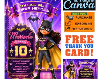 Bat Hero Girl Birthday Invitation, Editable in CANVA, Printable 5x7, Free Thank You Card