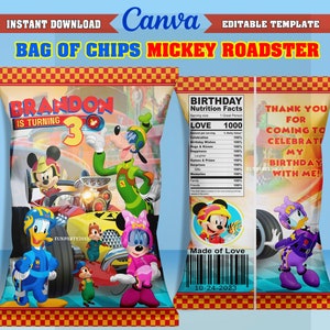 50% off! -  Mickey Roadster Racers CHIPS BAG, Printable and Editable Template on CANVA, instant download, design New 2023