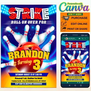 50% Off Sale - Bowling party digital birthday invitation EDITABLE in CANVA, Bowling party invite Canva, instant download, design New 2023