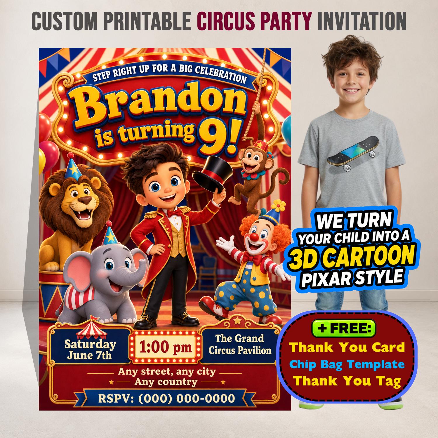 Circus Birthday Invitation, Personalized Printable Digital Invite with 3D Cartoon Photo + Freebies